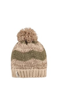 Knitted hat featuring a beige and olive green striped design, topped with a large pom-pom. Soft texture and ribbed cuff detail.