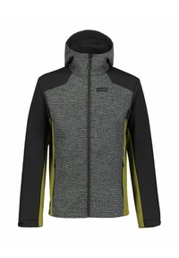 Giacca softshell grigia e nera con colletto alto, chiusura con zip e accenti verdi sui lati. Presenta un tessuto strutturato e polsini elasticizzati.
