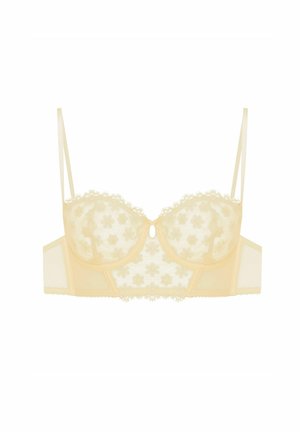 Heller gelber Spitzen-BH mit floralem Stickereimuster, Unterdrahtunterstützung, kleinem Schlüssellochdetail in der Mitte, verstellbaren Trägern und gewellten Kanten.