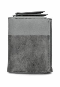 Billetera gris hecha de cuero sintético texturizado con una sección superior lisa. Presenta un cierre con cremallera y una forma compacta y rectangular.