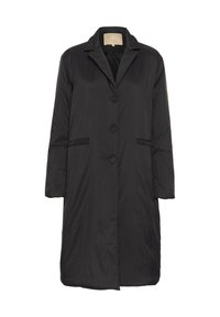 Cappotto lungo nero realizzato in materiale leggero e liscio. Presenta un colletto a scatto, chiusura frontale con bottoni e due tasche laterali.