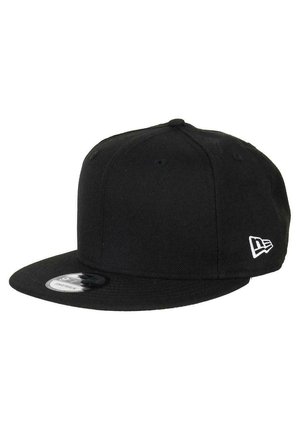 Black snapback cap made of textured fabric, featuring a flat brim and a white embroidered logo on the side.