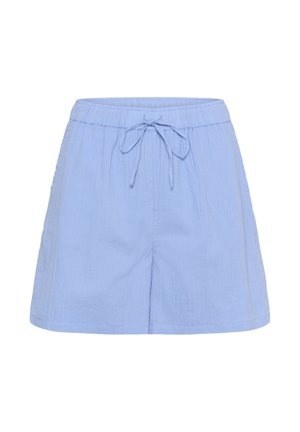 Lichtblauwe casual korte broek met elastische tailleband en trekkoord, met een relaxte pasvorm en subtiele verticale textuur.