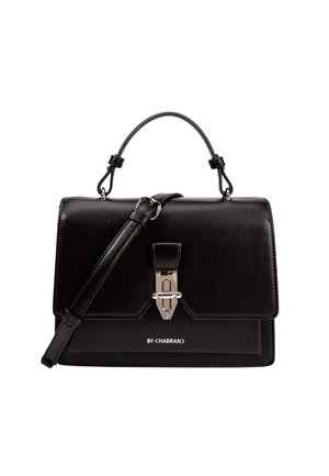 Sac à main rectangulaire en cuir noir avec poignée supérieure, bandoulière réglable, fermoir argenté et logo "BY-CHABRAND" sur le devant.