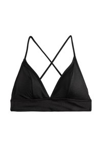 Bralette triangolare nera con sottili spalline incrociate. Realizzato in tessuto liscio con una consistenza morbida e senza imbottitura. Design semplice e spalline regolabili.