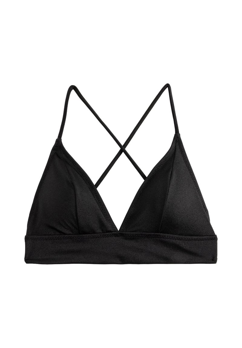 Zwarte driehoek bralette met dunne, gekruiste bandjes. Gemaakt van gladde stof met een zachte textuur en zonder vulling. Eenvoudig ontwerp en verstelbare bandjes.