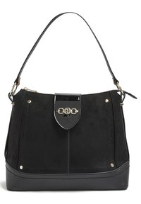 Czarna torebka z zamszu z błyszczącym czarnym akcentem i złotymi detalami. Posiada usztywniony kształt, zamek błyskawiczny oraz odpinany pasek na ramię.