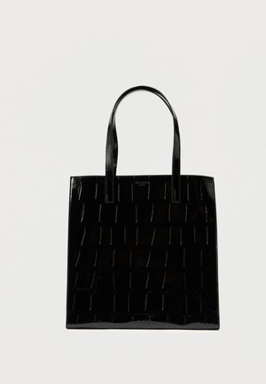 Borsa tote in pelle verniciata nera con motivo a griglia verticale, doppi manici e finitura liscia e lucida. Presenta il logo in dettaglio sul davanti.