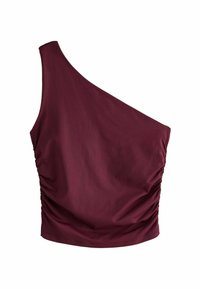 Burgundijas viena pleca tops ar sasietas puses detaļu. Izgatavots no gludas auduma, ar pieguļošu formu un minimālistisku dizainu.