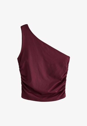 Burgundy one-shoulder top with gathered side detail. Made of smooth fabric, featuring a fitted shape and minimalistic design.