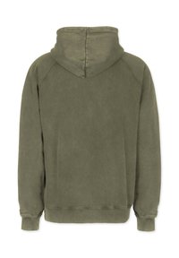 Olivgrön huvtröja med en mjuk textur, utrustad med dragsko i huvan, ribbade muddar och en avslappnad passform, designad för komfort och värme.