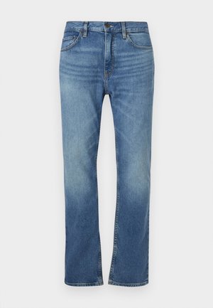 Blue denim jeans with a straight leg design. Features five pockets, a button closure, and subtle fading on the front and back.