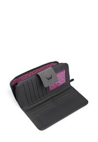 Black leather wallet with a zip closure, featuring a pink patterned interior, card slots, and a gray flap with logo detail.