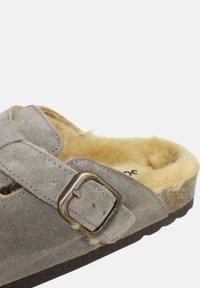 Zoccolo in camoscio grigio con una morbida fodera in pelliccia beige. Presenta una cinghia regolabile fissata da una fibbia in metallo argentato. Suola con texture.