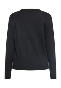 Zwarte sweater met lange mouwen, een ronde halslijn en een geribbelde zoom. Gemaakt van een gladde, zachte stof met een lichte textuur.