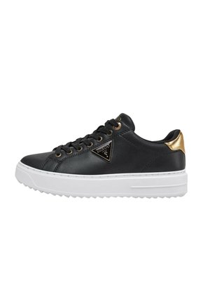 Sneaker in pelle nera con accenti dorati e design con lacci. Presenta una suola piatta bianca testurizzata e un logo sul lato.