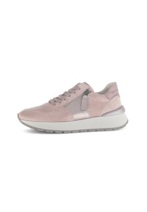 Light pink suede sneaker with a smooth gray accent, featuring laces and a zip detail. Thick white sole with textured tread for grip.