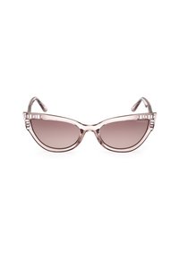 Gafas de sol rosa transparente en forma de ojo de gato con lentes degradados marrones y acentos rectangulares decorativos cerca de las bisagras.