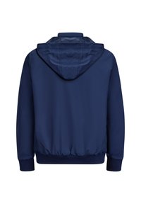 Marineblaues Jacket mit Kapuze, elastischen Bündchen und Saum. Hergestellt aus einem glatten Material mit leichtem Design. Keine sichtbaren Metallteile oder Muster.