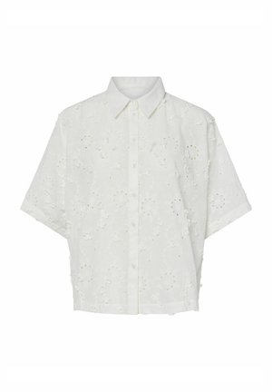 Hvit brodert kortermet skjorte med blomster mønstre, knappestolpe foran og klassisk krage. Mykt, teksturert stoff.