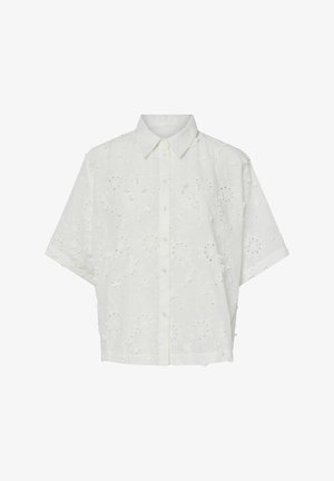 Hvit brodert kortermet skjorte med blomster mønstre, knappestolpe foran og klassisk krage. Mykt, teksturert stoff.