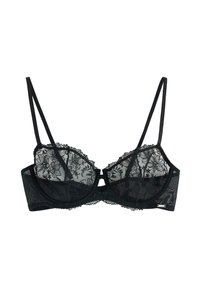 Reggiseno in pizzo nero con motivi floreali, design delle coppe trasparente, spalline regolabili e banda sottostante solida. Include bordi in pizzo decorativi.