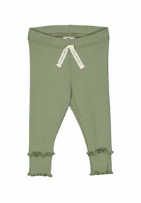 Rybkowane zielone legginsy z regulowanym paskiem w talii, z falbaniastymi wykończeniami dla dodatkowego detalu. Miękka tekstura i dopasowany krój.