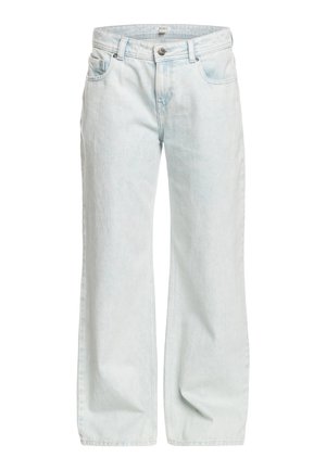 Light blue wide-leg jeans made of denim, featuring a button closure, five pockets, and a slight faded texture throughout.