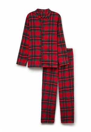Red flannel pajama set featuring a button-up shirt with long sleeves and matching pants, both adorned with a black and green plaid pattern.