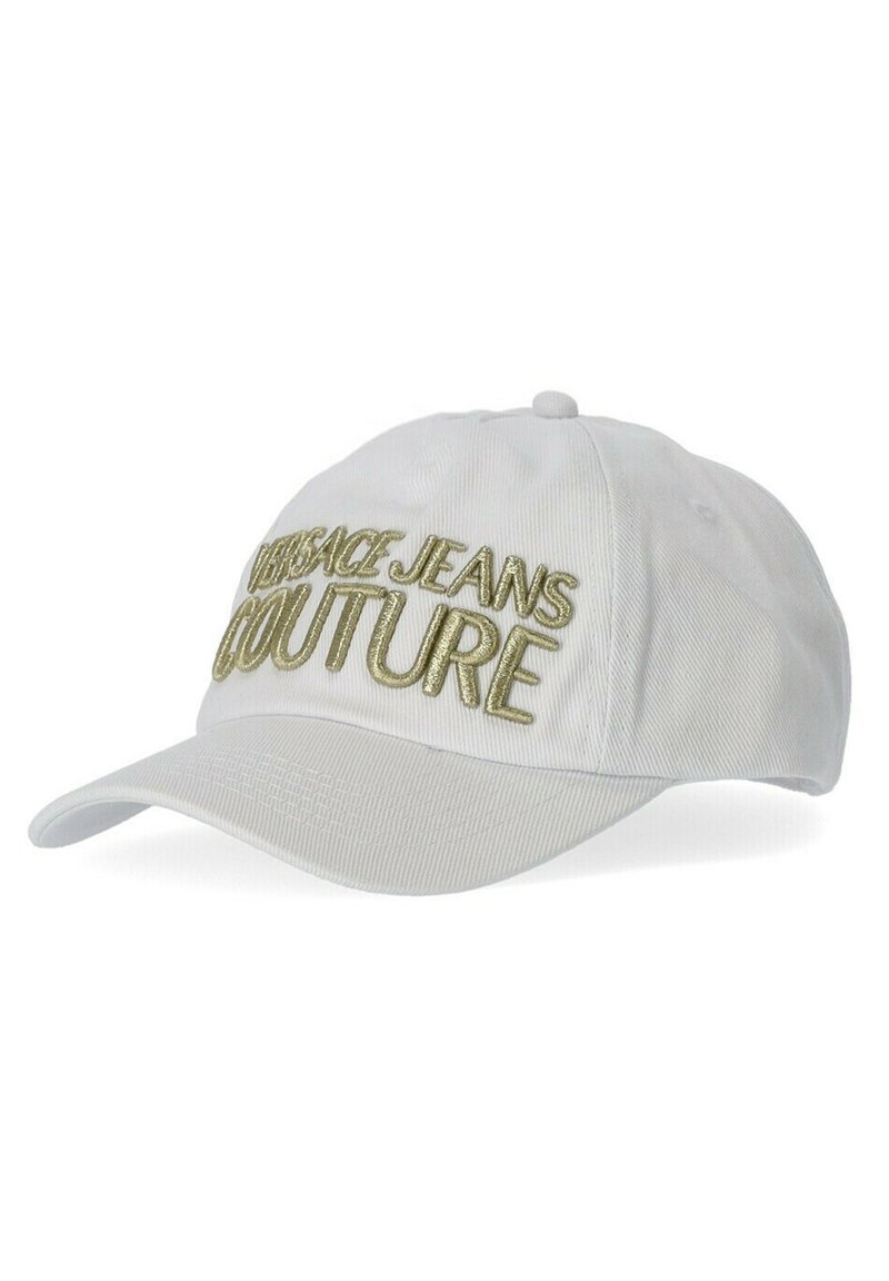 Vitt baseballkeps i tyg med upphöjd gyllene brodering av "VERSACE JEANS COUTURE" framtill och en böjd skärm.