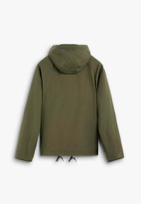 Olive green hooded jacket with a straight cut, featuring adjustable drawstrings at the hem and seamless shoulder design. Soft fabric texture.