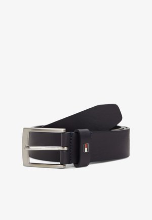 Black leather belt rolled with silver rectangular buckle and small logo on the belt loop, photographed on a white background.