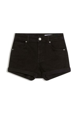 Čierne džínsové šortky s vyhrnutými lemami, päťvreckovým dizajnom, viditeľným prešívaním a kovovým zapínaním na gombík. Textúrovaná tkanina s matným povrchom.