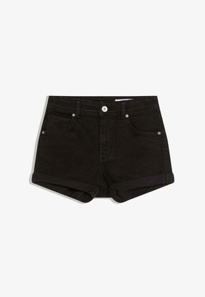 Shorts di jeans neri con orli arrotolati, design a cinque tasche, cuciture visibili e chiusura con bottone metallico. Tessuto strutturato con finitura opaca.