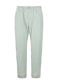 Lichtgroene en witte gestreepte broek van zachte stof, met een elastische tailleband en gouden accenten bij de manchetten.