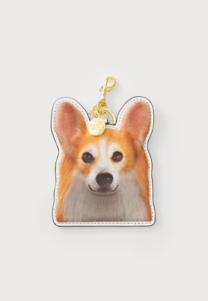 Corgi-shaped keychain in faux leather with a printed dog face design; features gold hardware and white stitching along the edges.