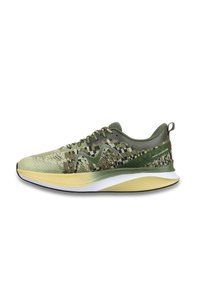 Lightweight athletic shoe in green and yellow, featuring a textured knit upper, cushioned sole, and contrasting black outsole.