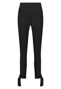 Svarta leggings med en bred midja, med rynkade detaljer vid ärmsluten som är knutna med små rosetter. Tillverkade av ett stretchigt tyg.
