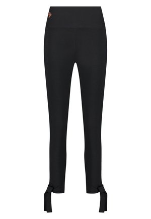 Schwarze Leggings mit breitem Bund, die an den Säumen mit kleinen Schleifen gerafft sind. Hergestellt aus dehnbarem Stoff.