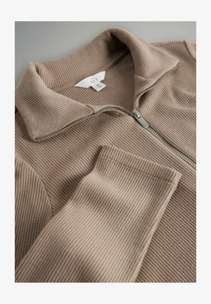 Bež žametni pulover z zadrgo, razširjenim ovratnikom, srebrno zadrgo, mehko teksturo in dolgimi rokavi. Notranjost ovratnika ima viden etiketo.