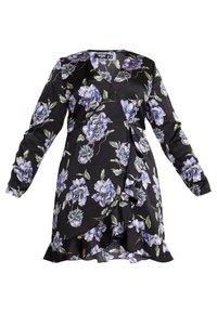 Svart blommig klänning med långa ärmar, med lila och gröna blommönster, en omslagsdesign och en volangdetalj i nederkant. Mjukt tyg.