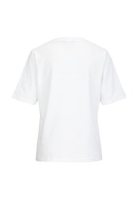 Weiße Baumwoll-T-Shirt mit kurzen Ärmeln und rundem Halsausschnitt. Die Rückseite zeigt eine glatte Textur und minimalistische Nähdetails.