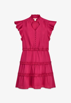 Leuchtend pinkes, ärmelloses Kleid mit Rüschensäumen, geknöpftem V-Ausschnitt und dreistufigen Rüschen-Details am Rock.