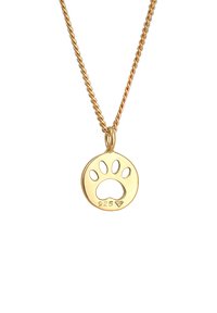 Collana d'oro con un pendente rotondo caratterizzato da un design a zampa intagliato e incisione "925", che indica il contenuto e la qualità dell'argento sterling.