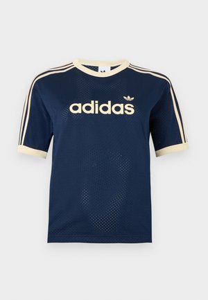 T-shirt à manches courtes en mesh bleu marine Adidas avec bordure crème, trois bandes crème sur les manches et logo Adidas sur la poitrine.