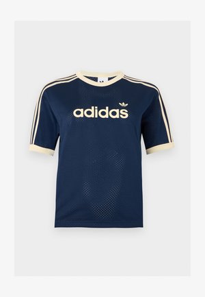 T-shirt à manches courtes en mesh bleu marine Adidas avec bordure crème, trois bandes crème sur les manches et logo Adidas sur la poitrine.