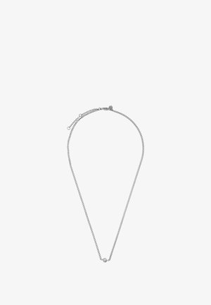 Srebrny naszyjnik łańcuszkowy o prostym wzorze, z małym okrągłym wisiorkiem na środku i zapięciem na zatrzask.