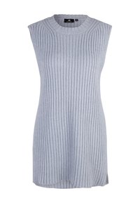 Robe sans manches bleu clair avec texture côtelée, encolure ronde et fentes latérales. Fabriquée dans un tissu doux, elle présente une coupe décontractée.