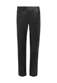 Μαύρα τζιν από denim, με τυπικό σχέδιο πέντε τσεπών, ίσια γραμμή και μια διακριτική γυαλάδα πάνω στο ύφασμα.