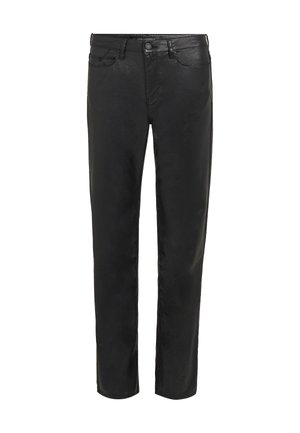 Crne traperice izrađene od denima, s klasičnim dizajnom s pet džepova, ravnim krojem i suptilnim sjajem na tkanini.
